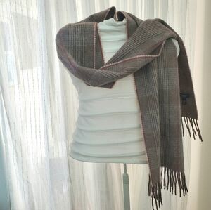 Saks Fifth Avenue Cashmere  Brown Taupe Plaid Scarf Unisex 66" X 12" + 3" Fringe